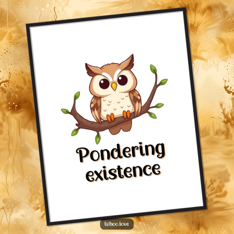 Funny curious owl digital art print, featuring an owl on a branch with head tilted, instantly downloadable whimsical artwork for home decor.