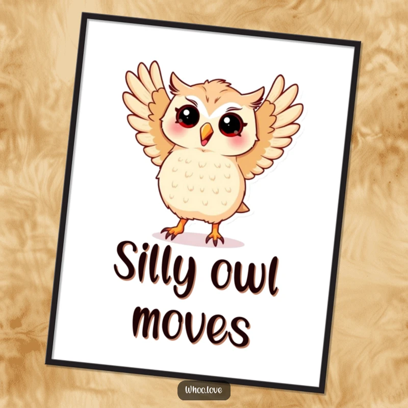 Funny digital art print of a kawaii owl performing a silly dance with its wings spread wide, radiating pure fun and energy.