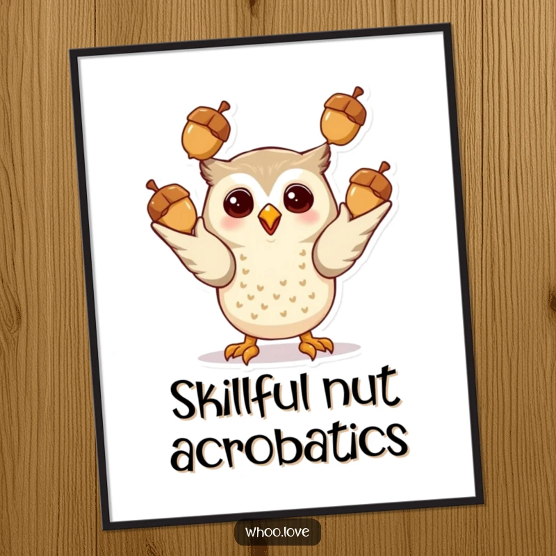 Funny Giddy Owl Digital Art Print: A downloadable artwork of an excited owl character juggling three shiny acorns, radiating pure joy.