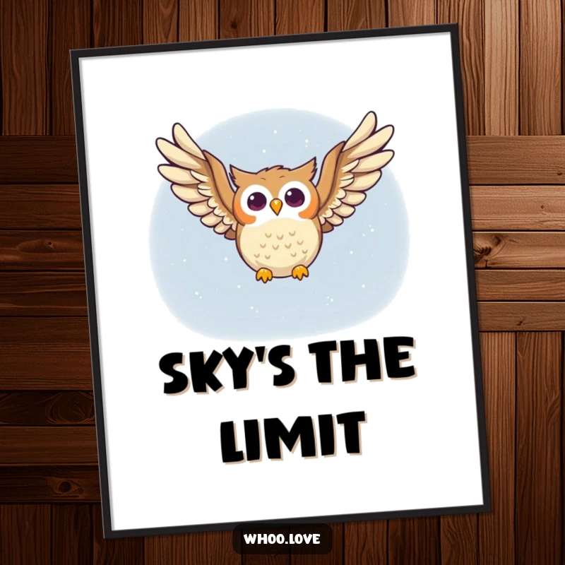 Funny owl digital art print of a happy owl character soaring through the night sky, wings spread wide, radiating pure joy and freedom.