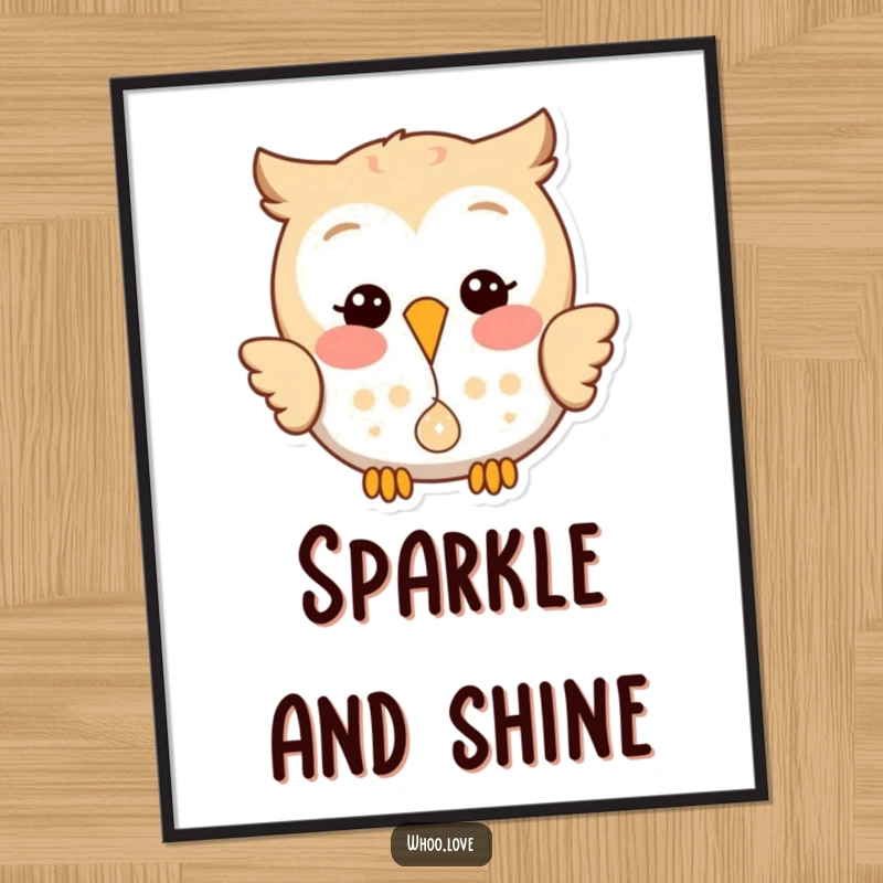 Funny digital art print of a happy owl with a playful glint, joyfully dropping a small, shiny object.
