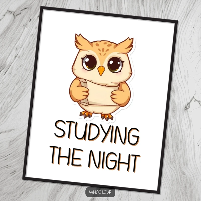 Funny digital art print of a studious owl character holding a scroll, bringing instant wisdom and a humorous touch to digital displays.