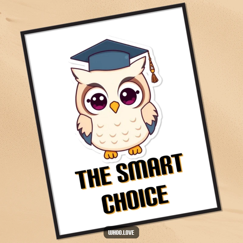 Funny graduation owl digital art print of a wise owl wearing a graduation cap, offering instant academic decor and a touch of humor.