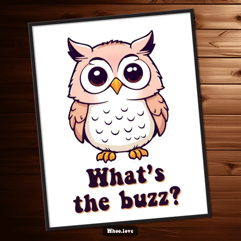 Funny digital art print of an owl character with its head tilted, eyes wide with an expression of utmost curiosity.