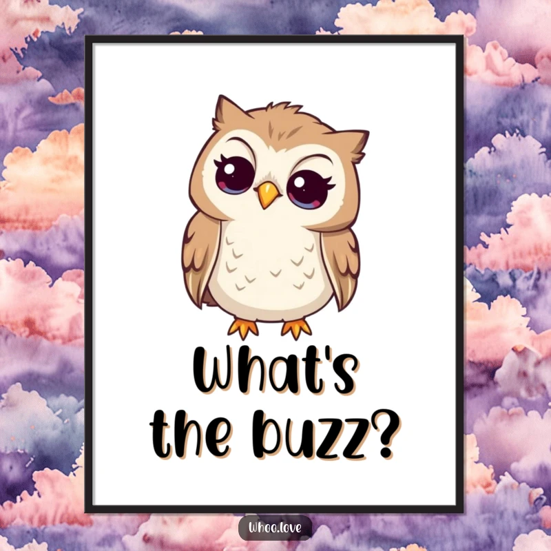 Funny curious owl digital art print, owl tilting its head to listen intently, perfect for thoughtful digital spaces.