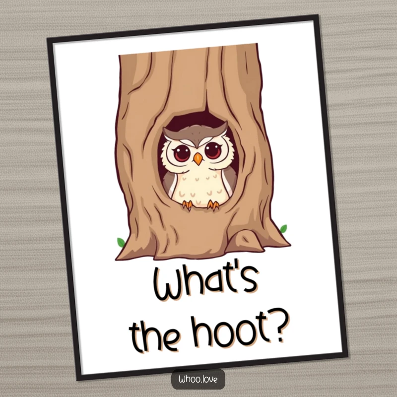 Funny owl digital art print of a mischievous owl peeking from a hollow tree trunk, full of playful curiosity and cheeky charm.