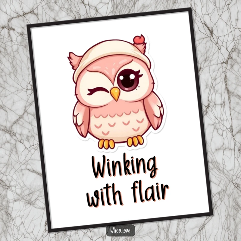 Funny kawaii owl winking with one large eye, wearing a tiny hat, as a downloadable digital art print.