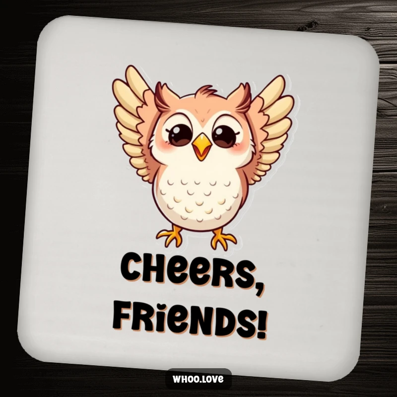 Funny coaster showcasing an owl flapping its wings excitedly with a wide, radiant, happy grin, perfect for tabletop joy.