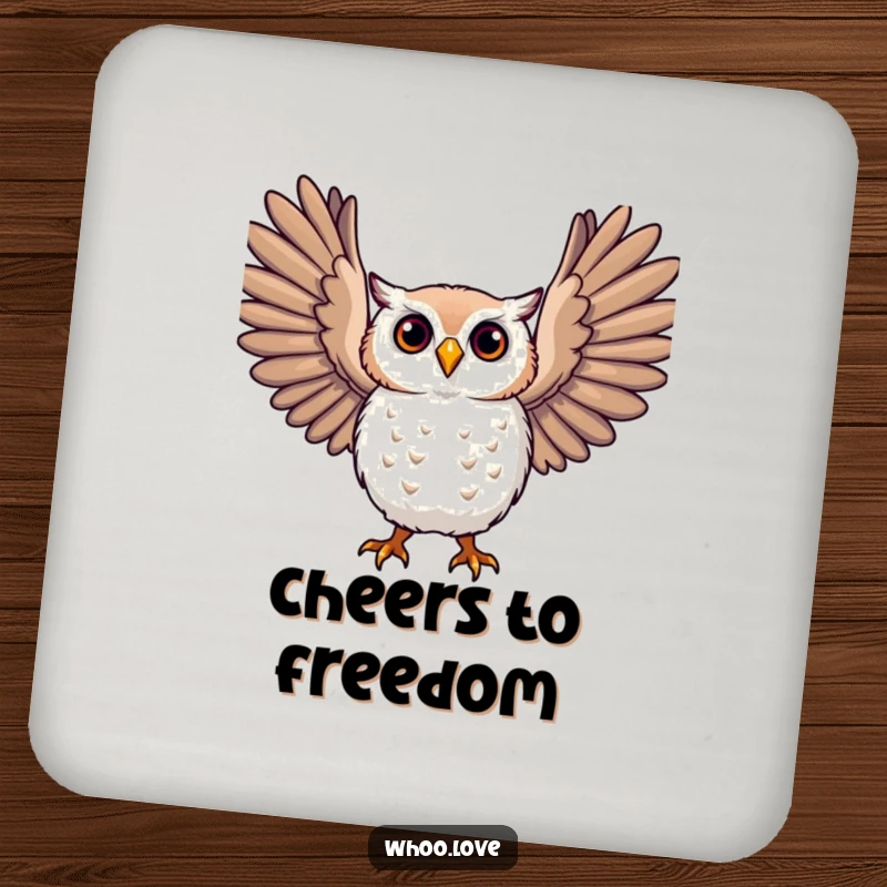 Funny owl coasters, a character with large, expressive wings outstretched, protecting surfaces with a sense of freedom.