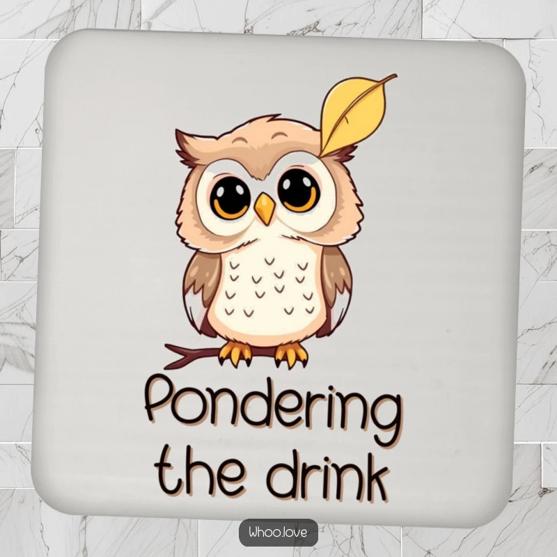 Funny drink coaster featuring a curious owl tilting its head at a falling leaf, adding a thoughtful touch, a funny gift.