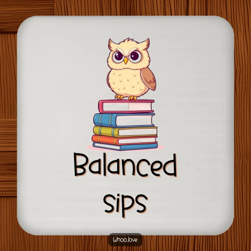 Funny coaster with a fluffy owl precariously balancing on books with a determined grin, for stylish protection.