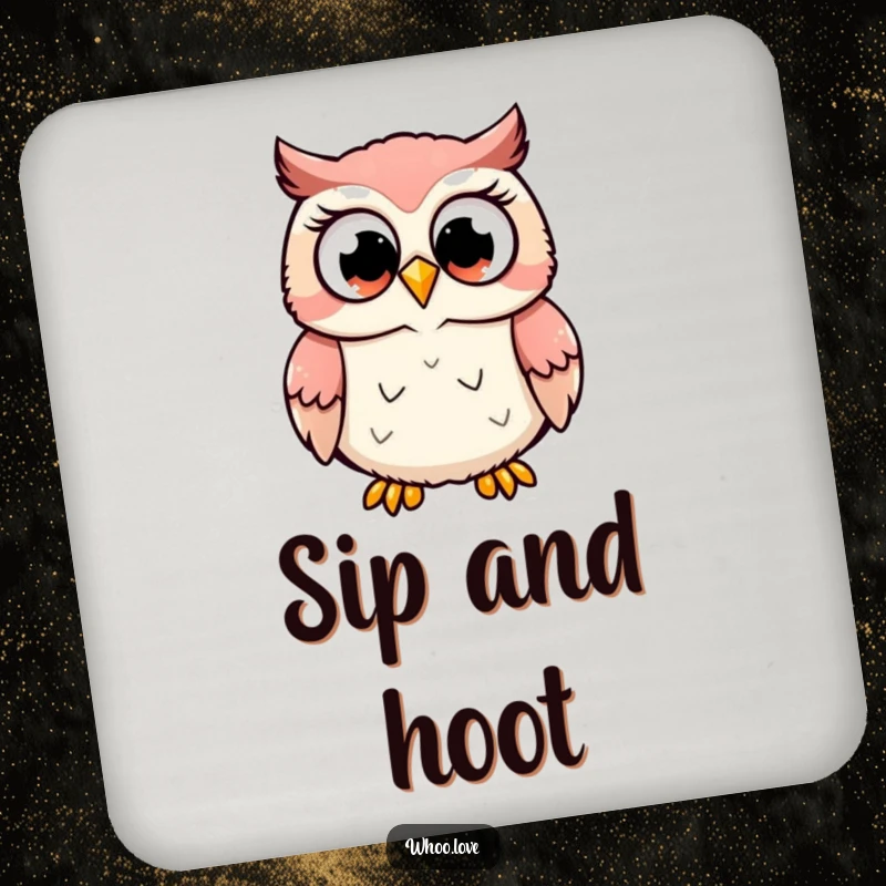 Funny drink coaster featuring a cute owl character hooting with wide, excited eyes, bringing joy to your surfaces, a funny gift.