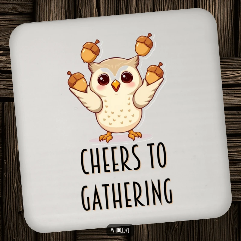 Funny Giddy Owl Coasters: A set of coasters featuring an excited owl juggling acorns, adding a touch of playful charm to tabletops.