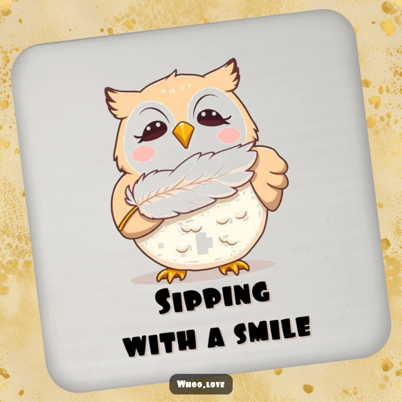 Funny giggling owl drink coaster, depicting a delighted owl blowing a feather, a practical and humorous accessory for protecting surfaces with charm.