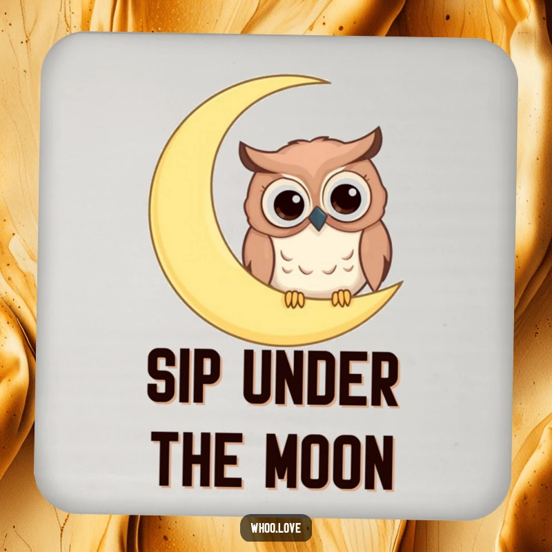 Funny coaster with a comical owl, big googly eyes, peeking from behind a giant crescent moon, for stylish protection.