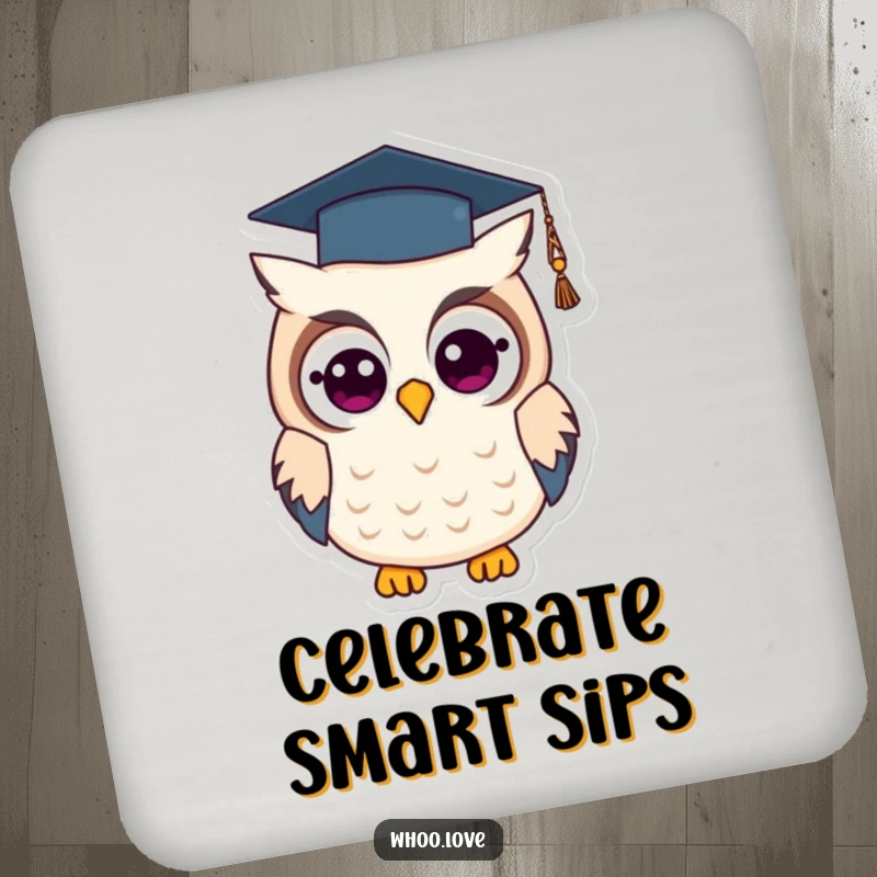 Funny graduation owl drink coaster with a wise owl wearing a graduation cap, adding humorous and academic protection to surfaces.