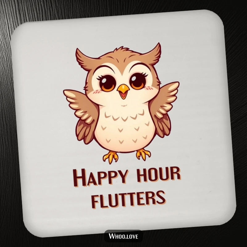Funny coaster with a little owl enthusiastically flapping tiny wings, looking surprised and happy, for stylish protection.