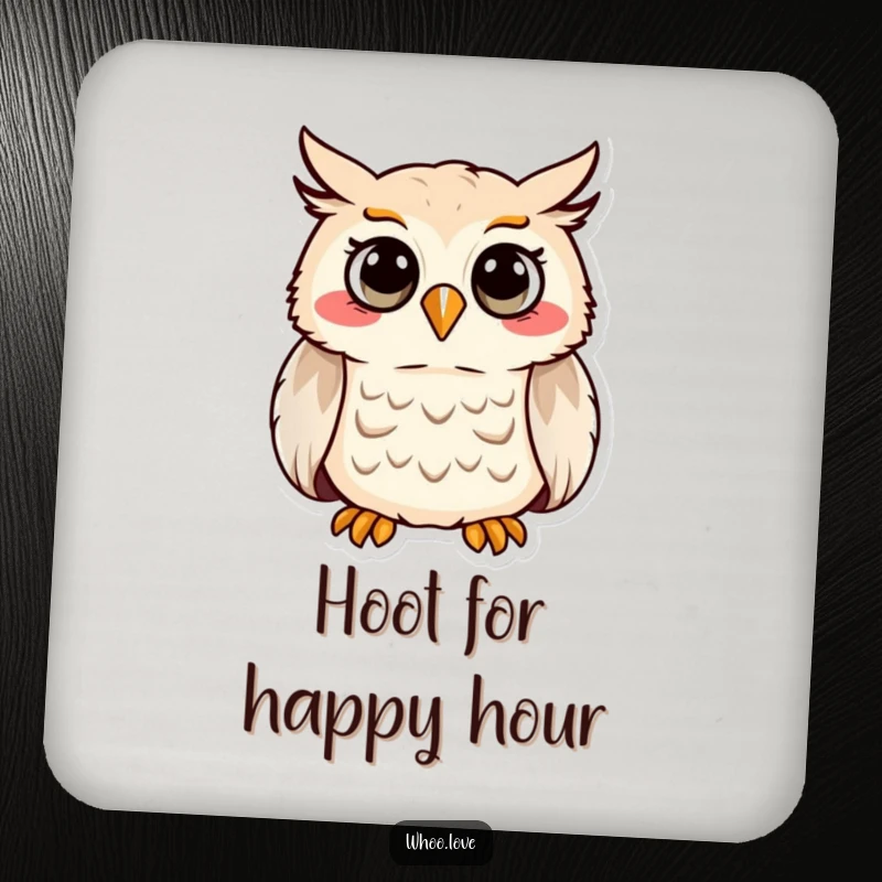 Funny drink coaster with a cheerful owl character mid-hoot, adding a splash of personality to beverage service.