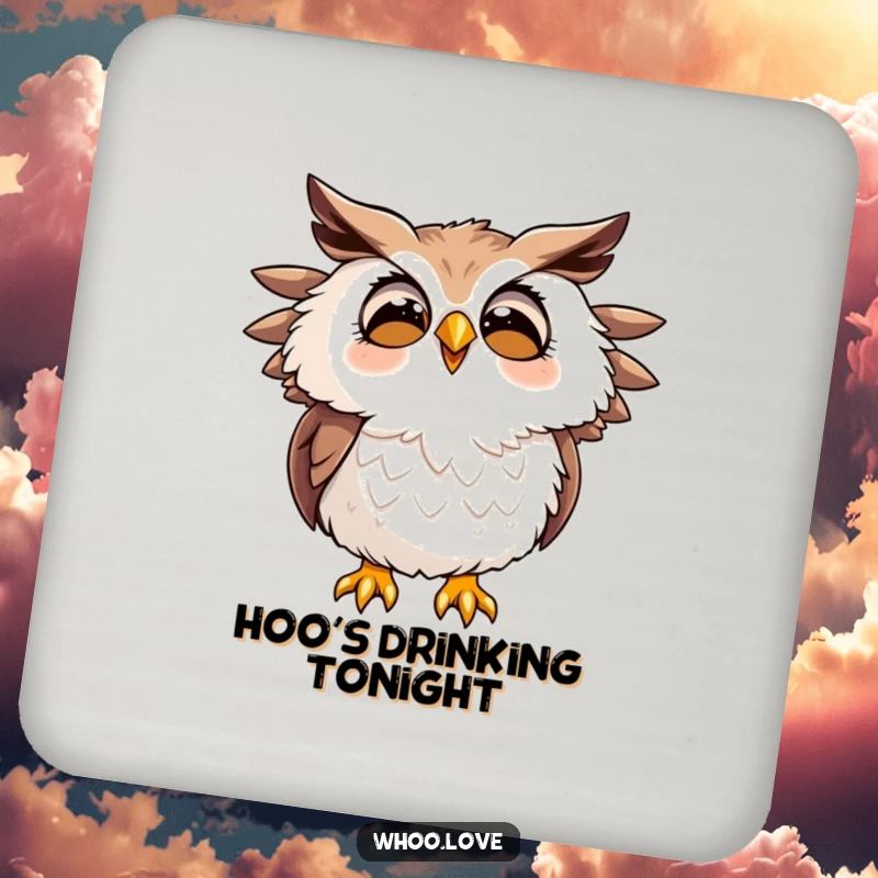 Funny drink coasters showcasing a joyfully hooting owl with ruffled feathers, adding cheerful cartoon vibes.
