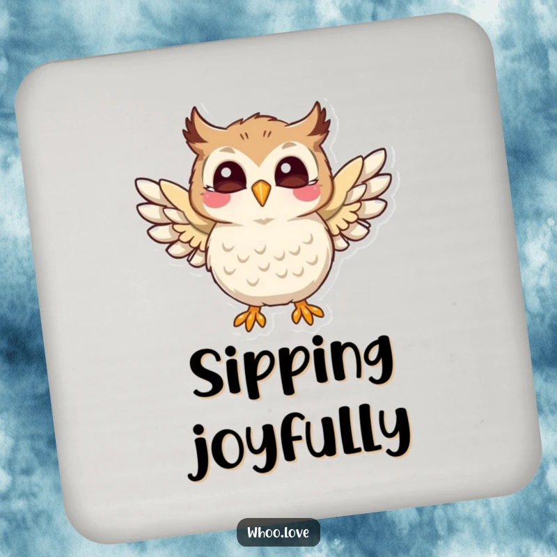 Funny drink coaster featuring a playful owl character flapping its wings with pure joy, adding a cheerful touch, a funny gift.