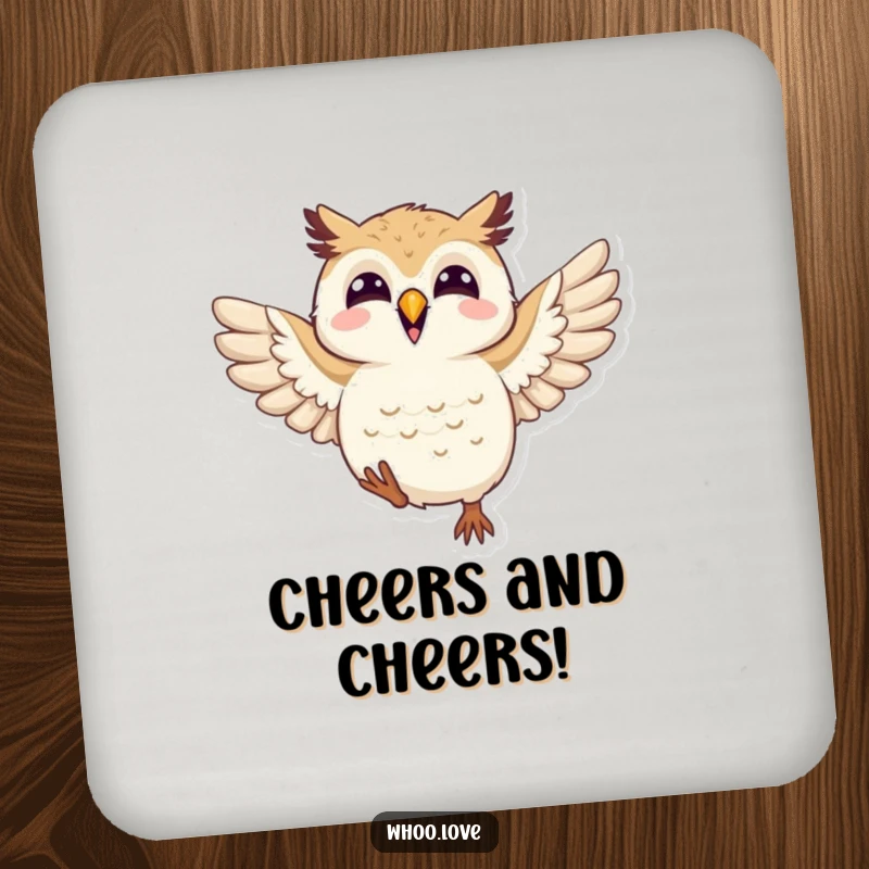 Funny joyful owl drink coaster with an owl flapping its wings in happiness, adding a cheerful and humorous touch to surfaces.