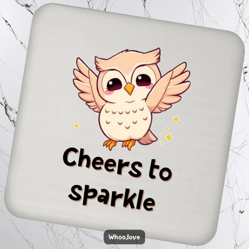 Funny joyful owl drink coaster, depicting an owl fluttering its wings with a sparkly trail, a practical and magical accessory for any surface.
