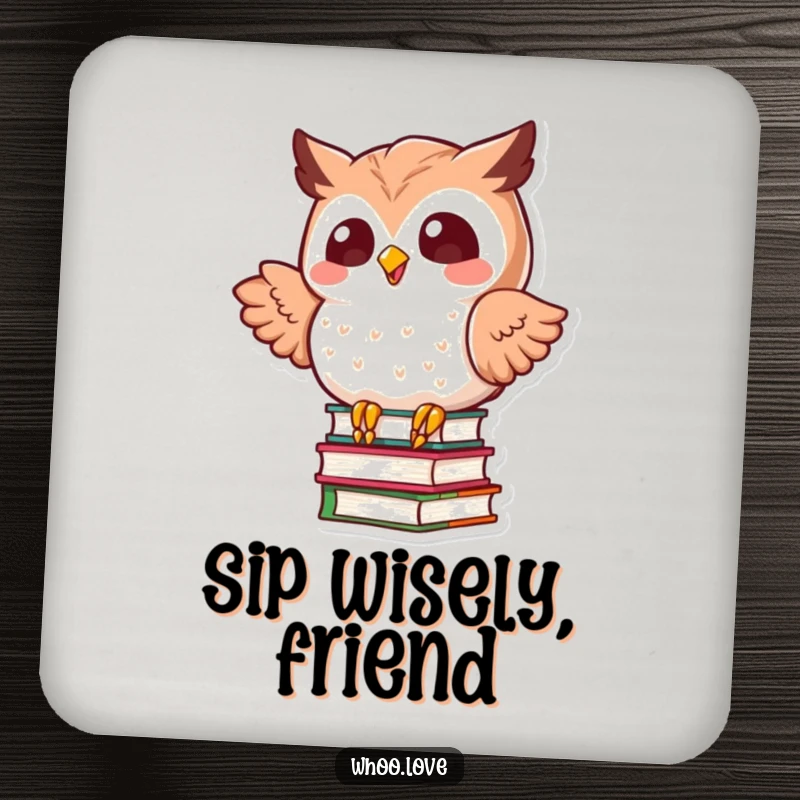 Funny kawaii owl in a dynamic pose, precariously balancing a stack of books, designed on a protective drink coaster.
