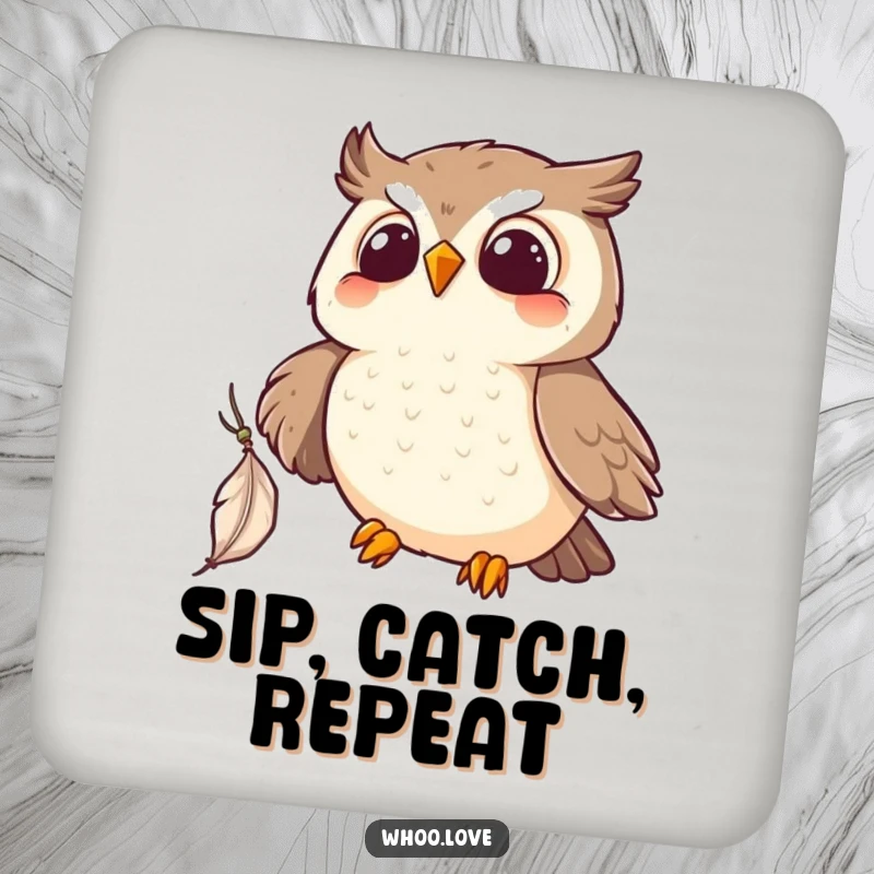 Funny Kawaii owl drink coaster, artfully depicting an owl catching a feather. A cute and funny gift.