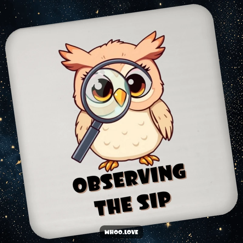 Funny Kawaii owl with curious eyes, peering through a magnifying glass, protecting a surface, thoughtful and cute, excellent funny gift.