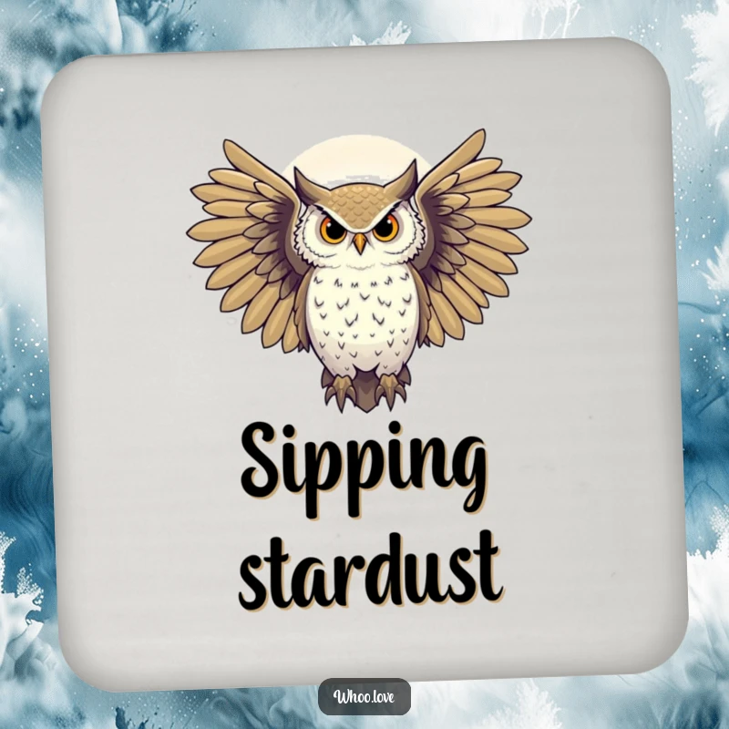 Funny majestic owl with wings spread against a starry night sky, mystical coaster, small and inspiring gift.
