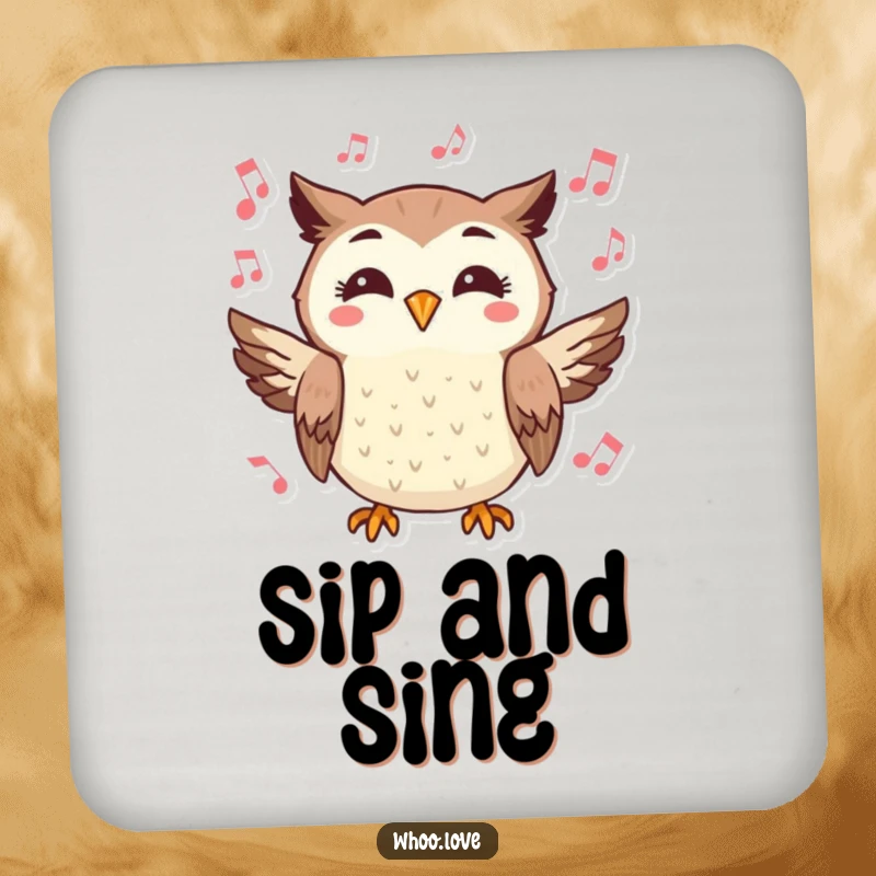 Funny coaster featuring a cheerful owl character hooting joyfully, surrounded by musical notes.