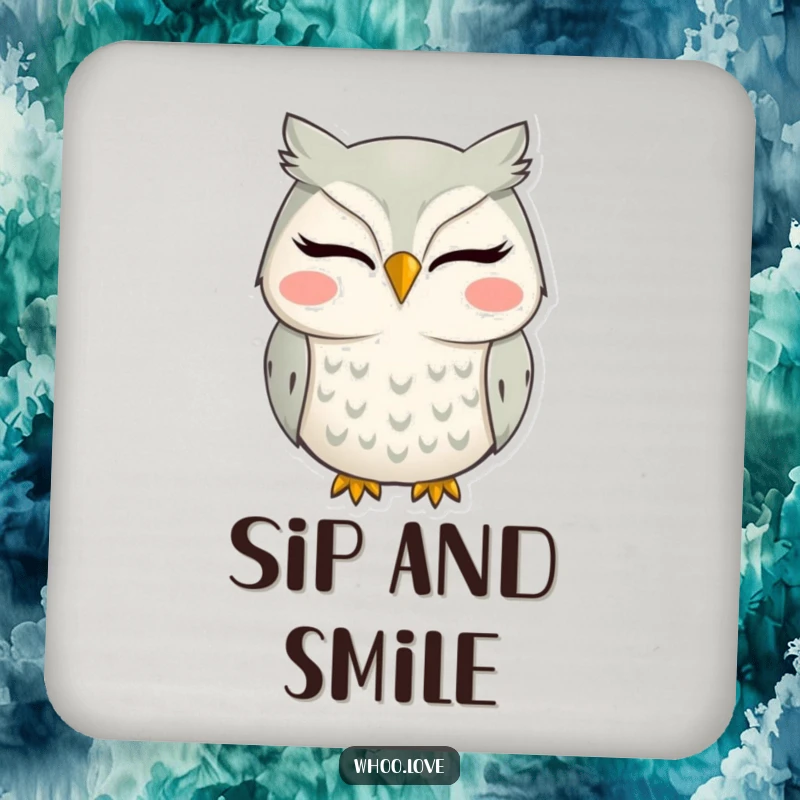 Funny drink coaster featuring a silly smiling owl, perfect for protecting surfaces with cheer.