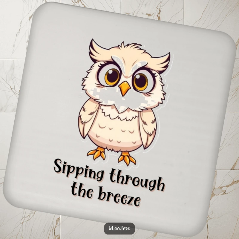 Funny drink coaster, a surprised owl character with its feathers ruffled by the wind.