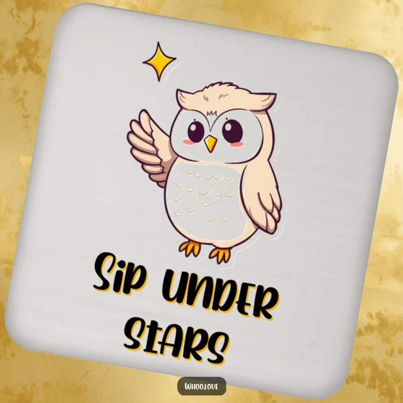 Funny owl drink coasters showing an owl pointing its wing towards a bright star, ideal for protecting surfaces with humor.