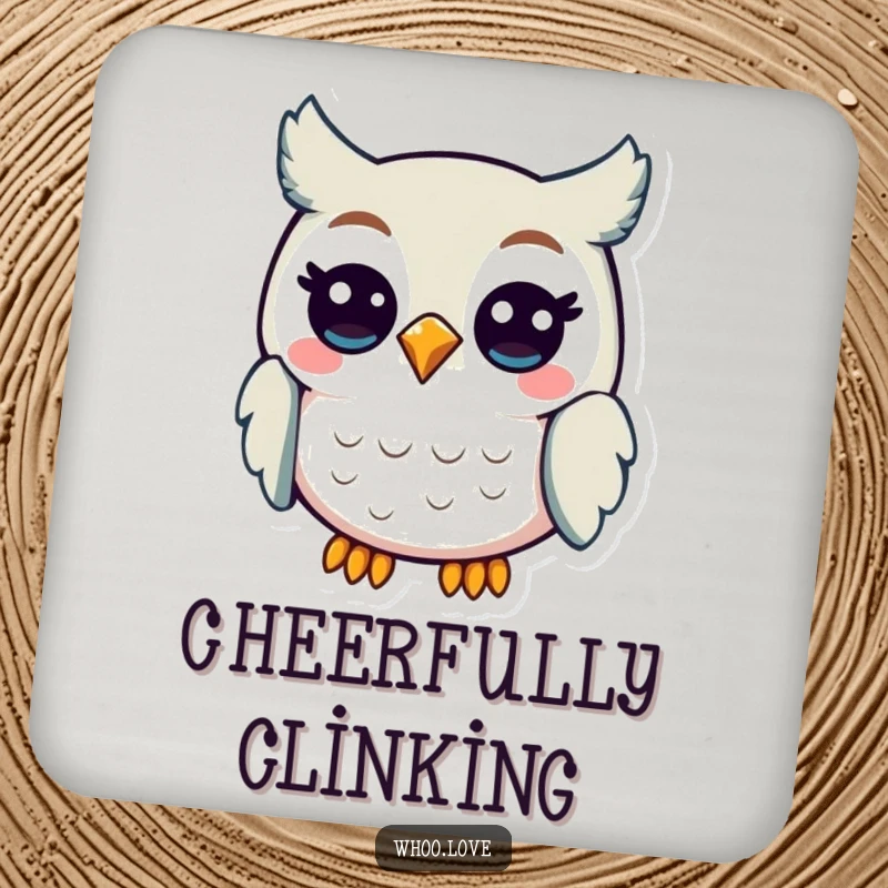 Funny Owl Happy Hour Coaster: A cheerful owl character hooting with a smile, designed to protect surfaces with humor and joy.