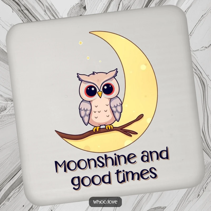 Funny owl moon coaster featuring an owl on a crescent moon. Protects surfaces with a touch of celestial humor.