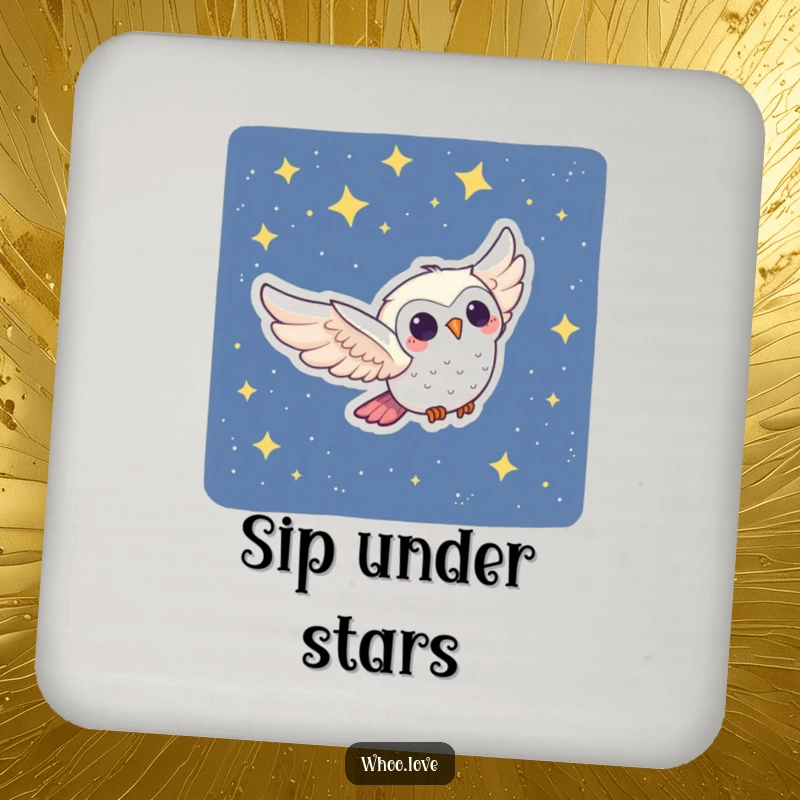 Funny Owl Coasters: A joyful owl character swooping through a starry night, adding a whimsical and humorous touch to drink protection.