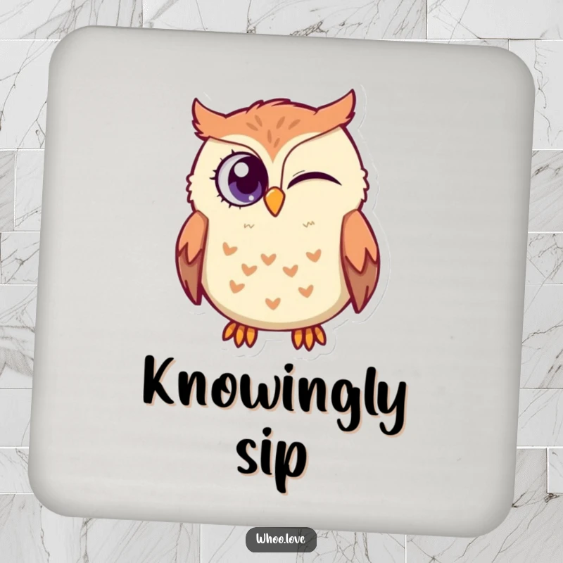Funny Owl Wink Coaster: A mischievous owl character winking with its large eye, designed to protect surfaces with humor and a hint of secrecy.