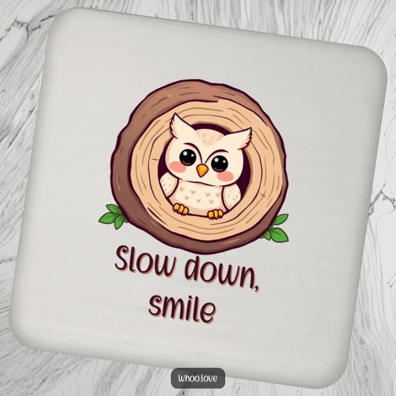 Funny Kawaii owl drink coaster, depicting a shy owl peeking from a log. A sweet and funny gift.