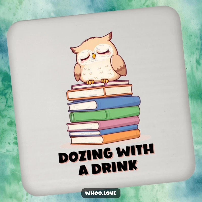 Funny sleepy owl drink coaster, depicting an owl dozing on a stack of books, a practical and charming accessory for book lovers.