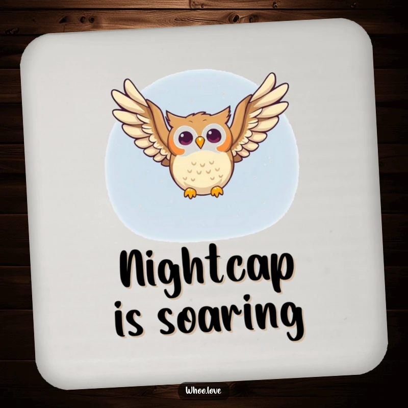Funny owl drink coasters featuring a happy owl character soaring through the night sky, wings spread wide, adding a humorous touch to tabletops.