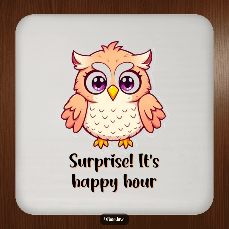 Funny surprised owl drink coaster featuring an owl with wide eyes and puffed feathers, adding humorous protection to surfaces.