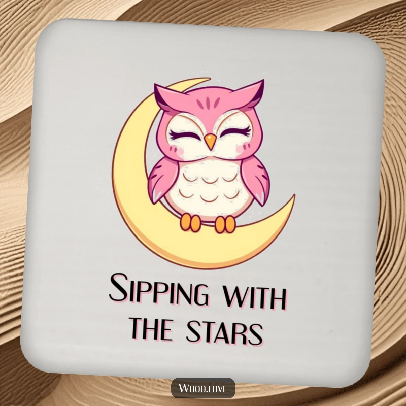 Funny owl coasters, a winking character on a crescent moon, protecting surfaces with a humorous and charming design.