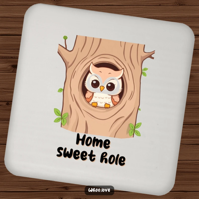 Funny drink coaster featuring a playful owl peeking from a tree hole, perfect for whimsical decor.