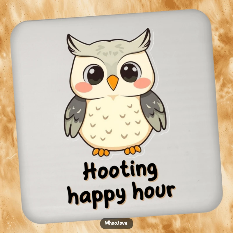Funny smiling owl character coasters, depicted hooting with a big smile, adding a touch of humor to drink protection.