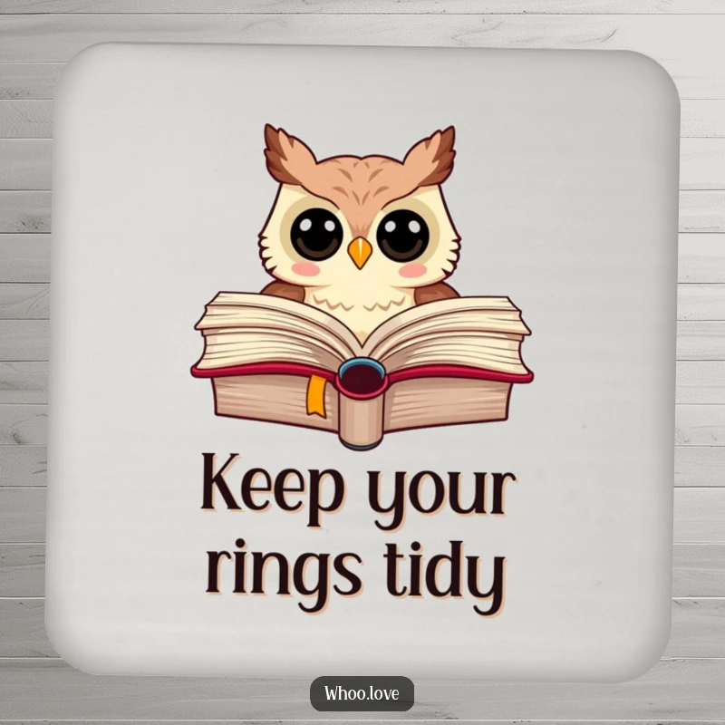 Funny drink coaster with an owl peeking from a book, protecting drinks with literary charm.