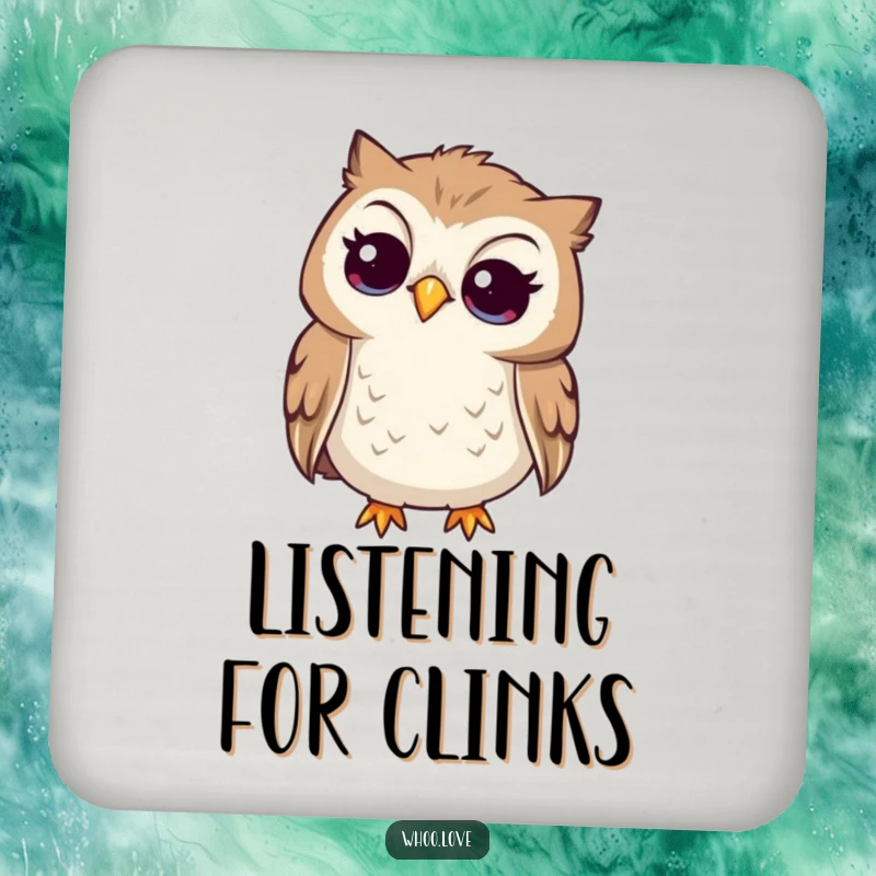 Funny curious owl coaster, owl tilting its head to listen intently, protecting surfaces with a thoughtful demeanor.