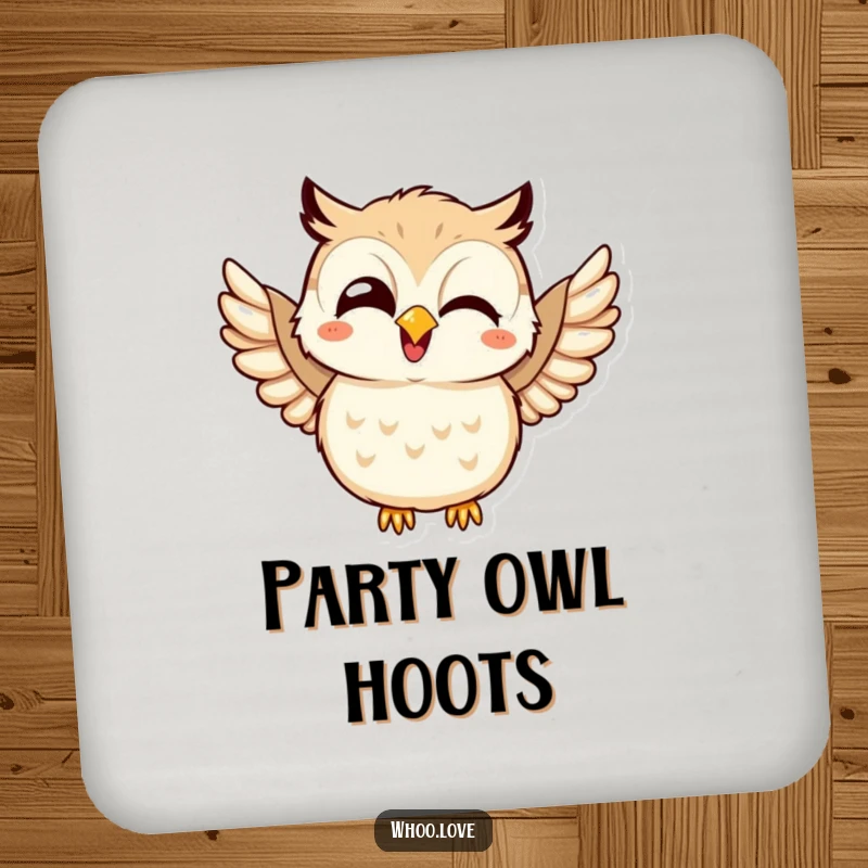 Funny drink coaster with a kawaii owl giggling and joyfully flapping its wings, bringing cheer to your drink station.