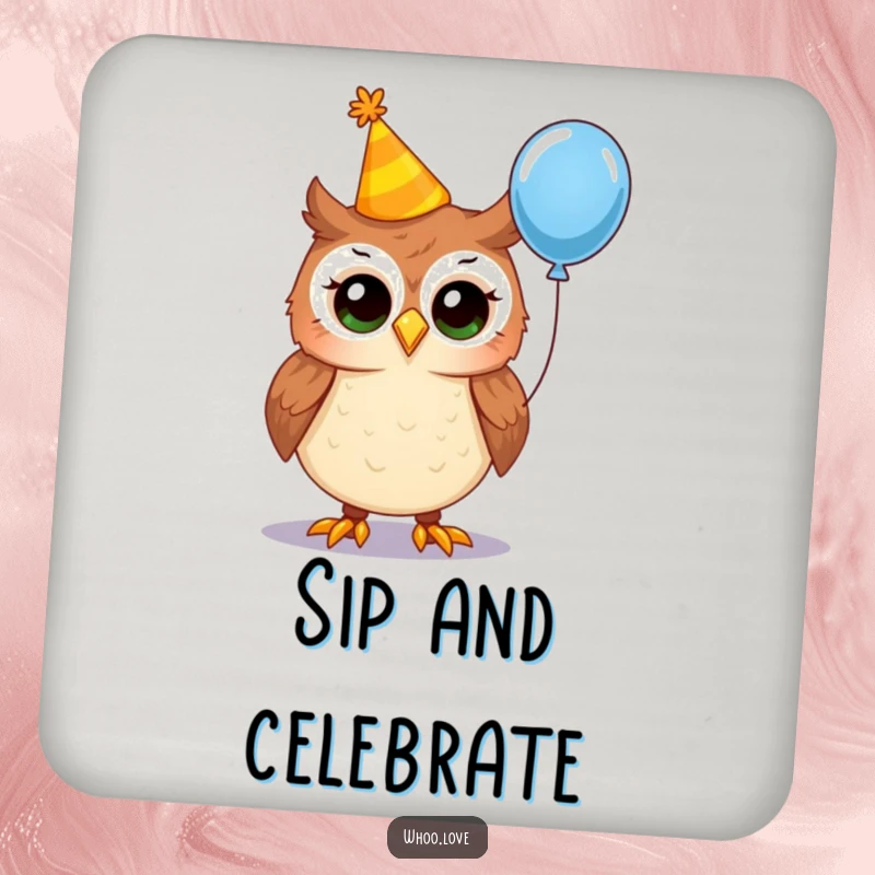 Funny party owl drink coaster, depicting an owl in a crooked party hat holding a balloon, a practical and humorous accessory for celebrations.