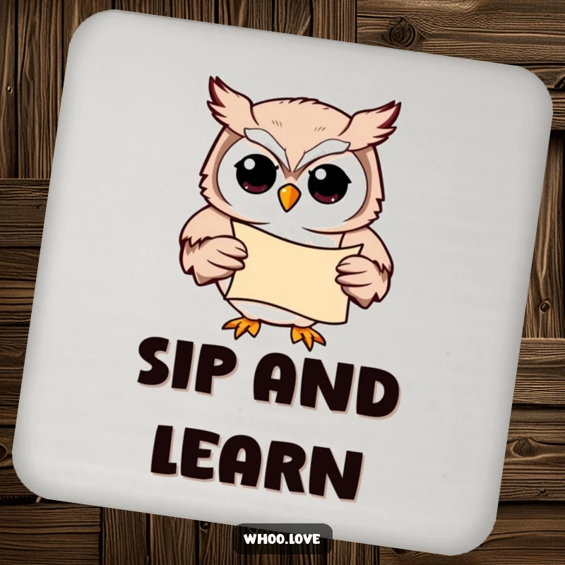 Funny Owl Study Coaster: A studious owl character holding a scroll, designed to protect surfaces with a touch of wit.